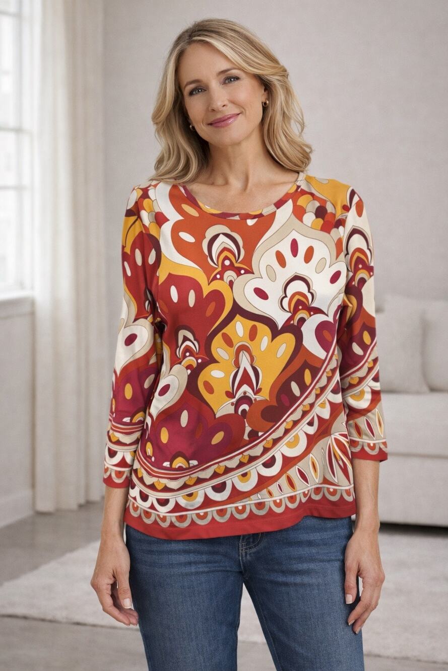 J McLaughlin 3/4 Sleeve Catalina Cloth Blouse Orange Floral Retro 70s Womens Med